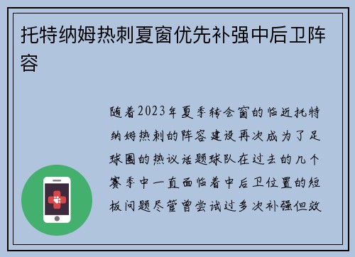 托特纳姆热刺夏窗优先补强中后卫阵容